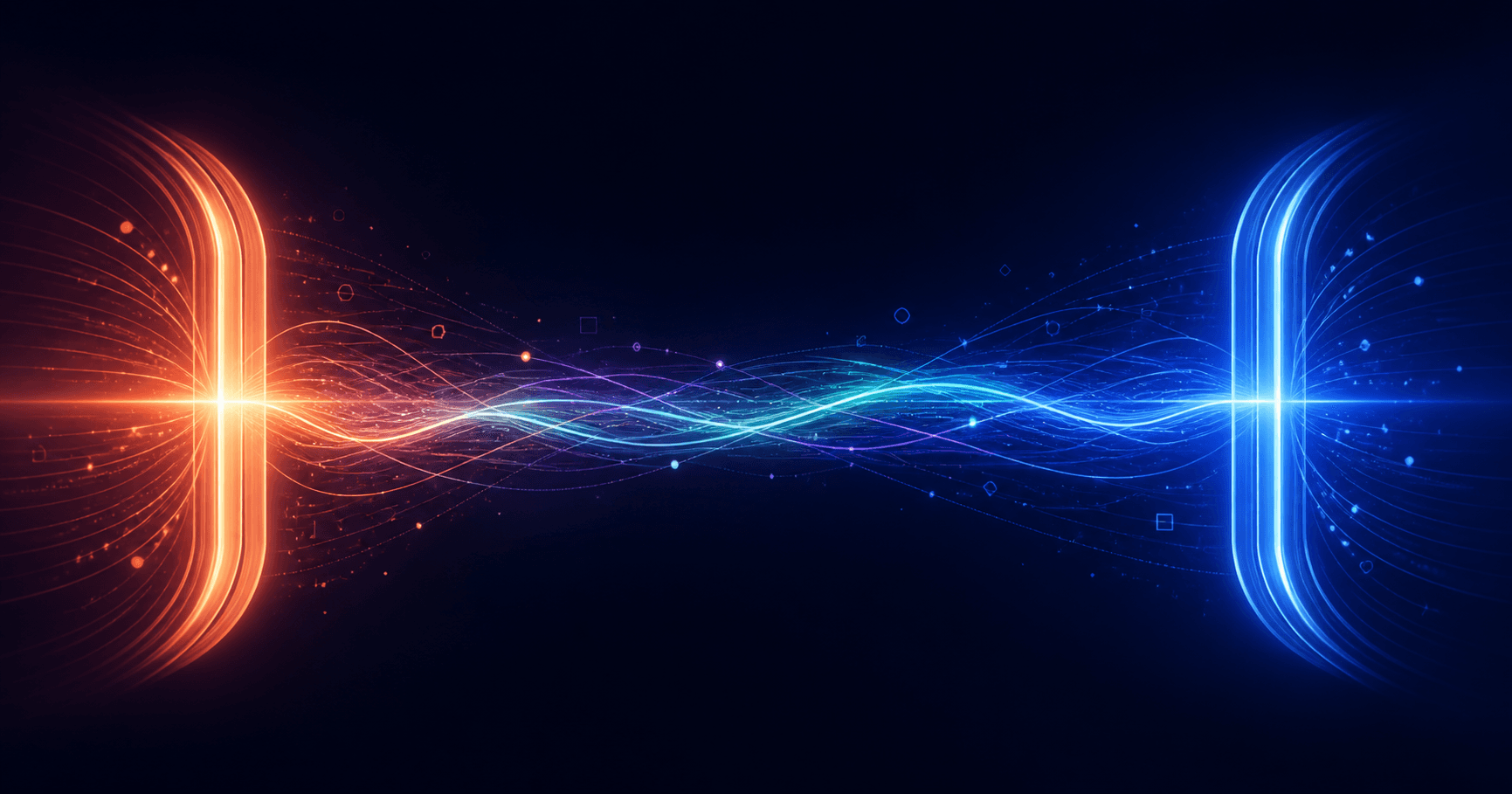 Two glowing pillars of light anchor the left and right edges of a dark navy frame — a warm coral form on the left and a cool sapphire form on the right — connected by a horizontal beam threaded with mint and violet streaks. An abstract data-flow visualization of the bookend metaphor: a primer at the start of a coding session, a handoff at the end, and the work flowing between them.