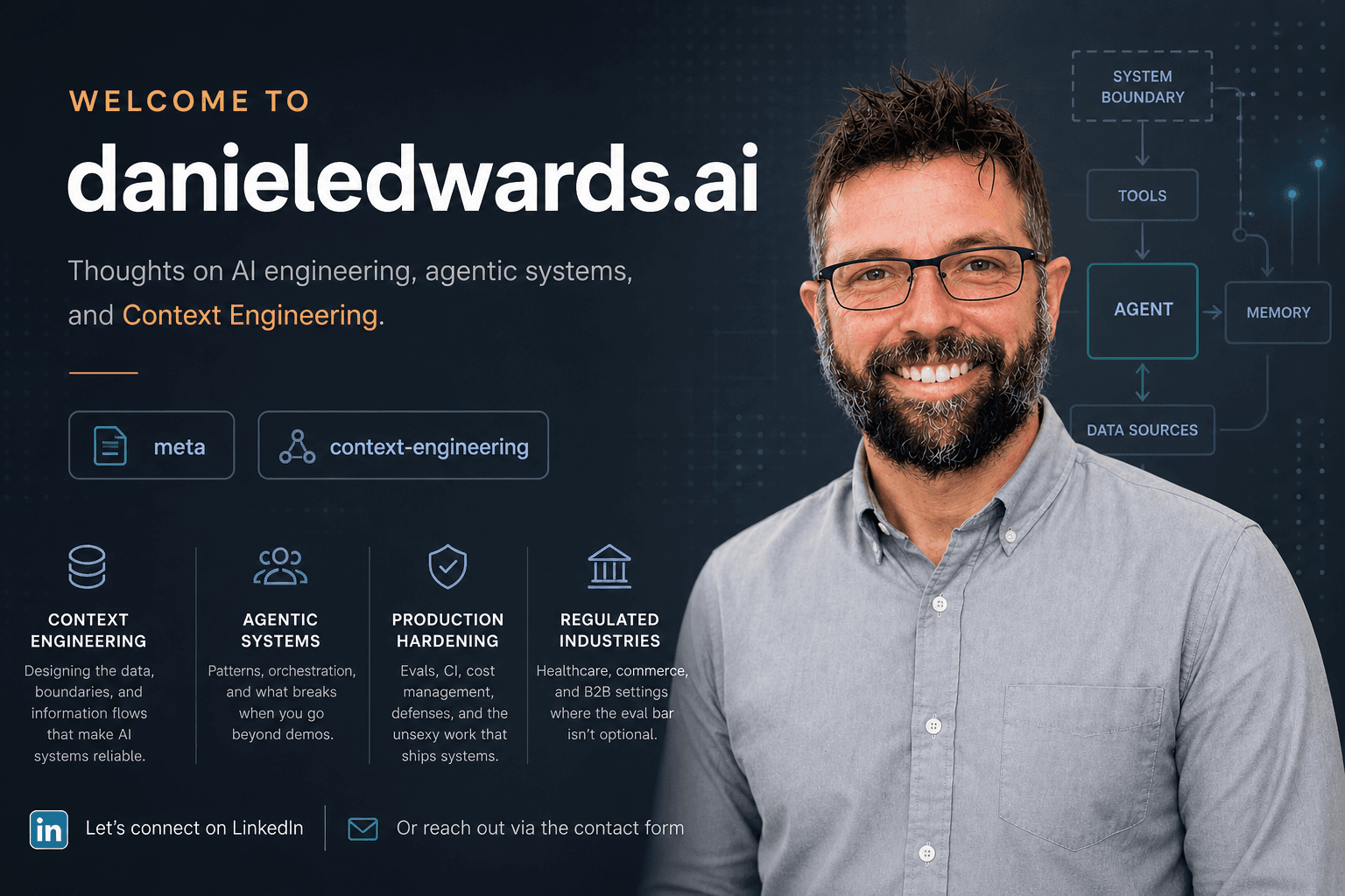 Welcome to danieledwards.ai — Thoughts on AI engineering, agentic systems, and Context Engineering. Four-pillar overview of Context Engineering, Agentic Systems, Production Hardening, and Regulated Industries with a portrait of Daniel Edwards and an agent-architecture diagram.