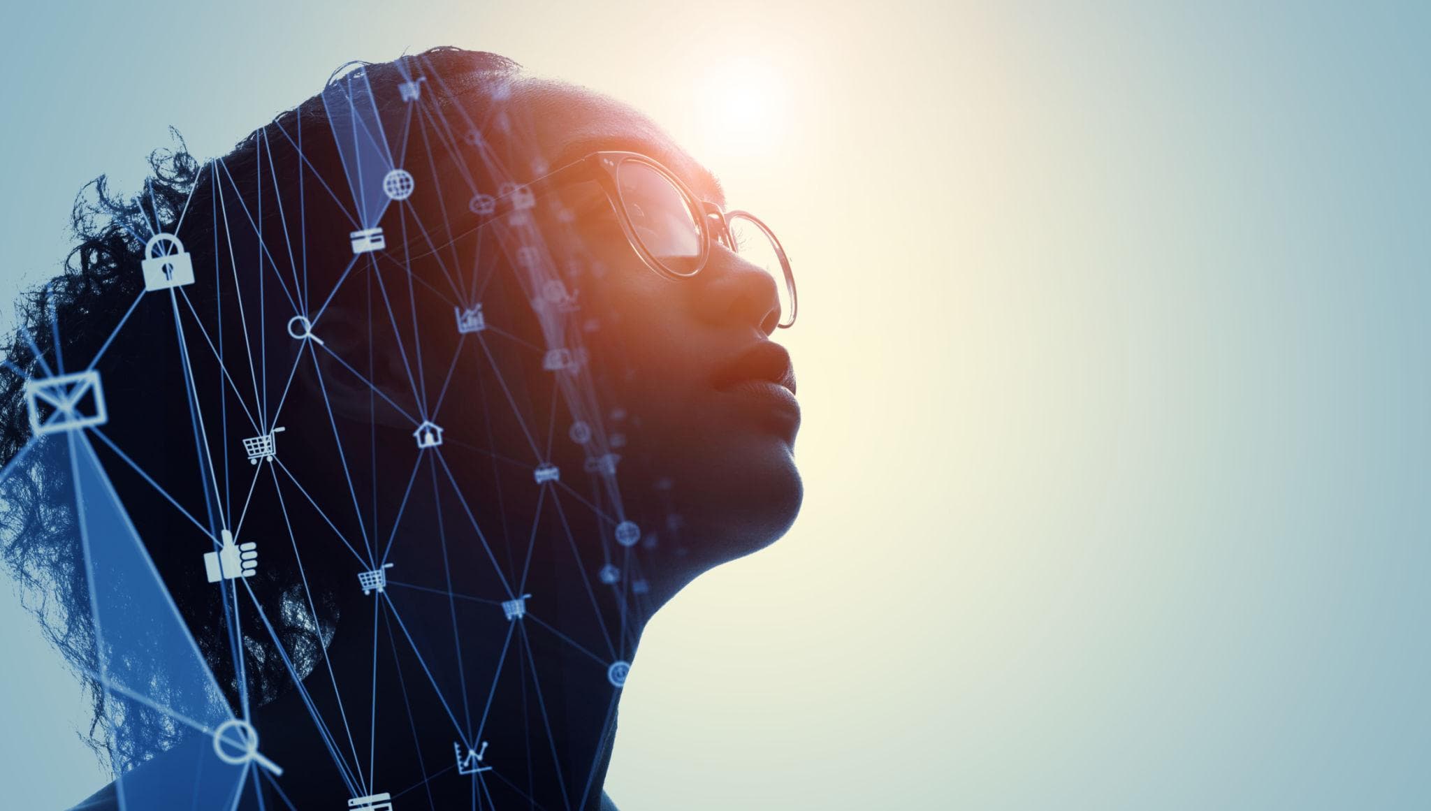 Silhouette of a person in glasses lit by the sun, overlaid with a network of connected nodes and small icons — representing the systems, integrations, and information flows behind a working AI deployment.